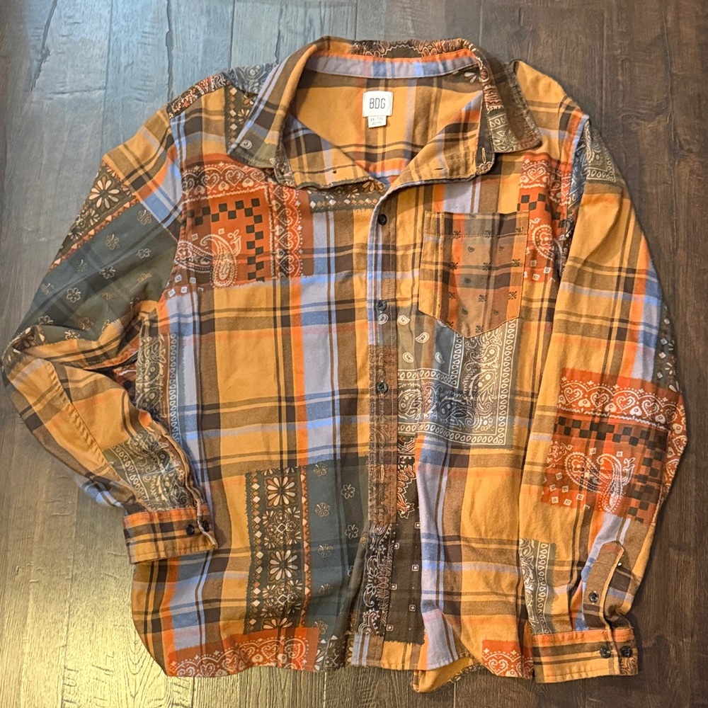 Plaid Bandana Patchwork Button-Up Shirt - Mustard & Rust